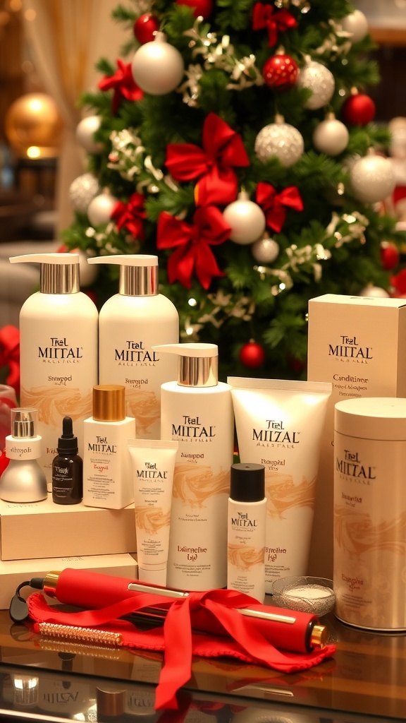 Christmas Wishlist Ideas for Hair Care Enthusiasts A festive display of hair care gifts including shampoos, conditioners, and styling tools.